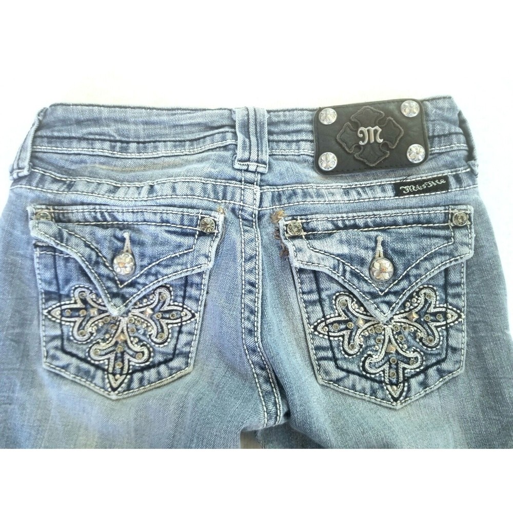 Miss Me Boot Cut Flap Pocket Embellished Distressed Jeans Pants Women Size 24